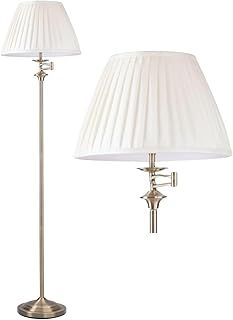 Eton - Swing Arm Floor Light Lamp Stand in Antique Brass with White Pleated Shade - Modern Class Style