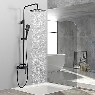 kisimixer Shower System with Diverter Black, Shower Mixer Set with 8” Square Shape Overhead Rainfall Shower, 3-Spray Handheld Shower and 1,5m Hose, Manual Shower Mixer Tap Wall Mounted, Matte Black