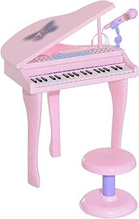 HOMCOM 37 Keys Kids Mini Electronic Keyboard Children Grand Piano with Stool Microphone Light Musical Instrument Educational Game Toy Set (Pink)
