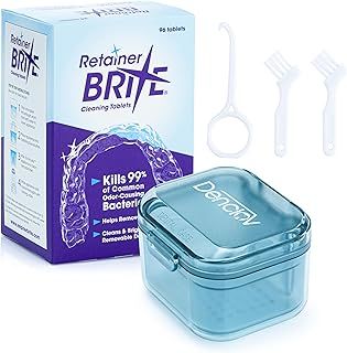 Retainer Brite Cleaning Kit Including 96 Tablets (3 Month Supply) and Case - Retainer Box Ideal for retainers, mouthguard, dentures, invisalign. Removes Plaque and Tartar. (Blue)