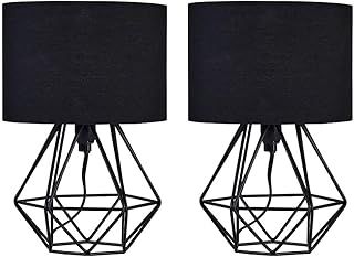 MiniSun | Small Modern Satin Black Metal Basket Table Lamps with Black Fabric Shades | Table Lamps, Home Décor & Improvement Essential | Set of 2
