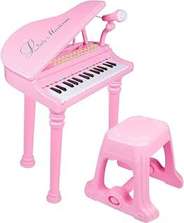 The Magic Toy Shop Pink Piano Keyboard for Kids with Stool & Microphone – 31 Keys, LED Lights, Playback, 22 Demo Songs – Small Electric Grand Piano – Musical Instruments for Children, Girls & Boys