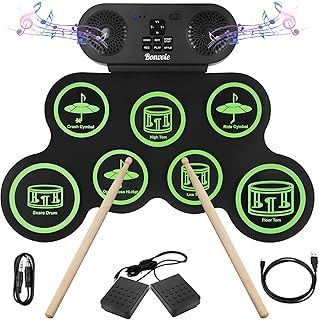 Electronic Drum E-Drum Kit, Bonvvie Roll Up Digital Drum with 7 Pads, MIDI, DTC, Built-in Dual Speakers, Rechargeable 1200mAh Li-ion Battery, Ideal for Beginners, Students & Music Enthusiasts
