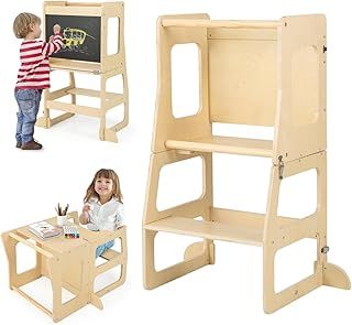 GYMAX Kids Step Stool, 3-in-1 Wooden Kitchen Helper Stand with Chalkboard, Foldable Toddler Table and Chair Set, Convertible Baby Tower Lightweight Stepladder