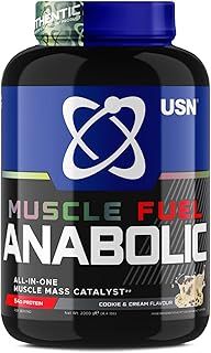 USN Muscle Fuel Anabolic All-In-One Muscle Mass Gainer, Cookies & Cream Flavour - 2kg, 54g Protein Powder, 5g Creatine Powder & 5g BCAAs For Maximum Muscle Growth, Post Workout Recovery Drink Mix