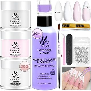 Lavender Violets Acrylic Nail Kit 30g x3 Clear,White,Pink Acrylic powder and monomer Liquid Set 80ml 3D Carving French Nail Art Brush,Rhinestones,Strengthen Nail Forms,Dappen Dish,Tweezers File N301