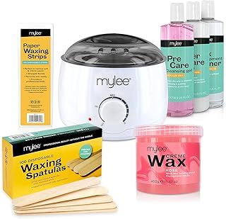 Mylee Salon Quality Waxing Kit Includes Wax Heater, Rose Wax, Waxing Strips, Spatulas, Mylee Pre and After Care Lotion and Equipment Cleaner (Rose Wax Kit)