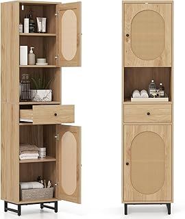 COSTWAY Bathroom Tall Cabinet, Freestanding Storage Cupboard with Rattan Doors, Open/Adjustable Shelves and Drawer, 170cm Tall Narrow Slim Bathroom Unit Floor Cabinet for Living Room Hallway, Natural