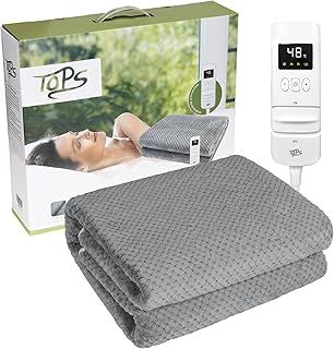 TOPS Electric Blanket Single Heated Underblanket 150 x 80cm, 18-48℃ Heat Settings, 3 Levels of Auto-off Timer, Warm Flannel Bed Warmer, Overheat Protection, Machine Washable