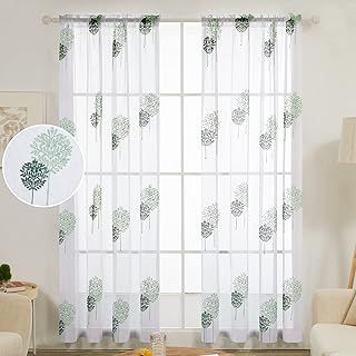Deconovo Super Soft Decorative Voile Curtains for Bedroom Leaves Embroidery Rod Pocket Sheer Curtains 55 x 81 Inch(Width x Length) 2 Panels Light Green/Dark Green 2 Panels