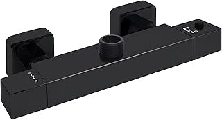 Thermostatic Shower Mixer Bar Two Outlet, Wall Mounted Shower Mixer bar Valve Anti Scald Tap, Thermostatic Mixer with 38°C Safety Button and Cool Touch Surface (Matt Black)