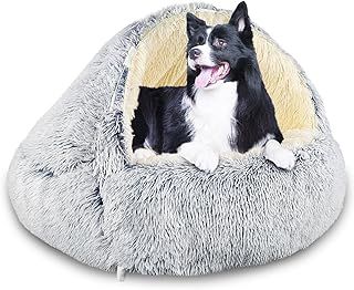 Hooded with Supports Dog Bed,Deluxe Plush Dog Cave Bed for Medium Small Dogs, Warming Cozy Soft Faux Fur Donut Calming Anti-Anxiety Pet Bed,Removable Washable Cover and Anti Slip (Grey)