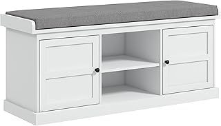 HOMCOM Shoe Bench with Seat, Shoe Storage Bench with Cushion, 2 Cabinets and Adjustable Shelf for Entryway, Hallway, Living Room, Bedroom, White