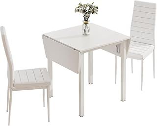 JEFFORDOUTLET Dining Table and Set of 2 Chairs, Drop Leaf Kitchen Table With White PU Leather High Back Chair
