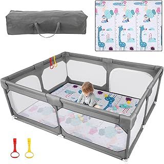 Baby Playpen with Mat 190×150cm, Large Playpen for Babies and Toddlers,Climb-Proof Anti-Fall Baby Playpen, Sturdy Safety Play Yard for Indoor Outdoor Fun, Grey