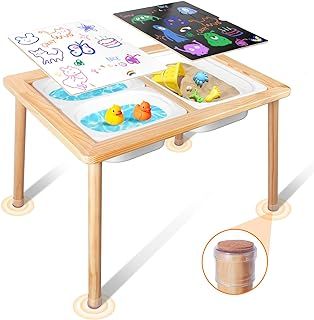 TERRASMUS Children's Tables, Multifunctional Sensory Table, Play Sand and Water Table with 3 Storage Bins, Kid's Desk for Art, Drawing, Studying and Playing, Wooden Activity Table for Indoor Outdoor