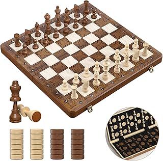 Chess Set and Checkers 2 IN 1, 16" Wooden Chess Board Game for Kids Adults, Foldable Chess Board Set with 2 Extral Queen, Gifts for Women Men, Gifts Toys for Boys Girls