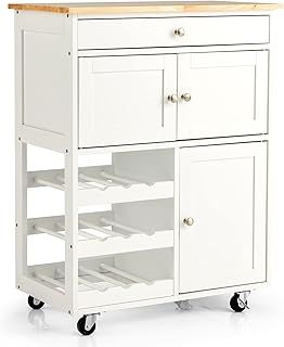 COSTWAY Kitchen Serving Trolley, Rolling Storage Island Cart with Drawer, 3 Tier Wine Racks, 2 Cabinets, Rubber Wood Tabletop & Wheels, Utility Storage Cabinet for Home Office Restaurant (White)