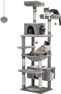 Cat Tree for Large Cats 184cm, 6.1ft Large Cat Tower with Sisal-Covered Scratching Posts and Pads, 2 Padded Perch, Dual Condo and Basket for Indoor Cats-Grey, 72.4 Inches