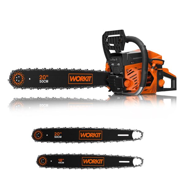 WORKIT 62CC Petrol Chainsaw, 18" & 20" Gas Chainsaw, Auto Oiling & Tool-Less Tensioning, 2-Stroke Easy Start for Tree Felling, Logging & Firewood Cutting