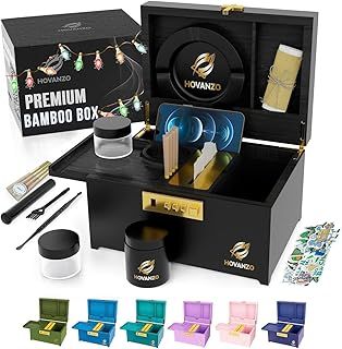 HOVANZO Premium Large Bamboo Decorative Box with Combination Lock - Locking Storage Box with Rolling Tray, Accessories