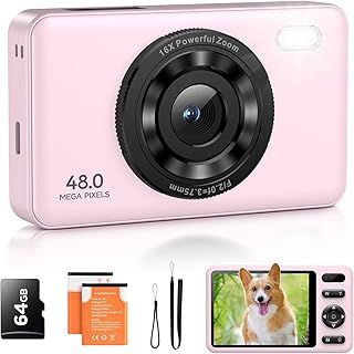 Digital Camera with 64GB Card Autofocus 2.7K 48MP Kids Camera with 16X Zoom Anti Shake 2 Batteries, Compact Portable Small Point and Shoot Digital Cameras Gift for Kid Student Children Teen Girl Boy