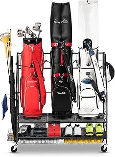 3 Golf Bag Storage Garage Organizer, Golf Bag Stand Fit for 3 Golf Bags, Golf Clubs, Golf Balls, Golf Equipment Accessories, Golf Bag Storage Rack with Wheels for Garage, Club, Shed, Basement