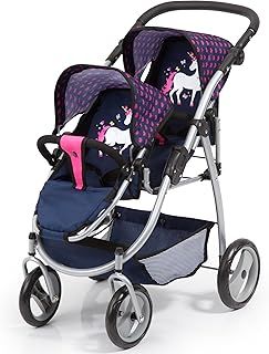 Bayer Design 26554AA Tandem, Twin dolls pram, Pushchair, Jogger, Unicorn, modern, adjustable handle, foldable, blue pink