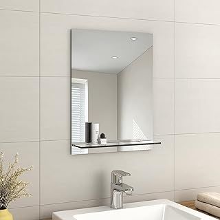 EMKE Frameless Mirror with Shelf - Small Bathroom Wall Shaving Mirror with Storage, Rectangle Vanity Mirrors 45x60cm