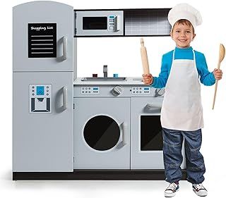 GYMAX Wooden Kids Kitchen Play Set, Children Pretend Kitchen Playset with Stoves, Oven, Microwave, Fridge, Washing Machine, Chalkboard & Sounds, Realistic Role Play Toy Kitchen for 3+