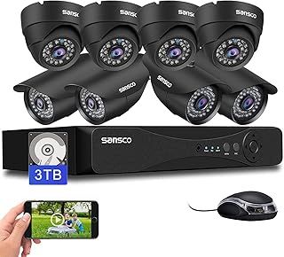 SANSCO 8 Channel 5MP CCTV DVR Camera System + 3TB Hard Drive,(8) 2MP Bullet Dome Cameras (Wall/Ceiling Mounted IP66 Vandalproof, Mobile Viewing with Motion Activated Push Alert/Email, 24/7 Recording)