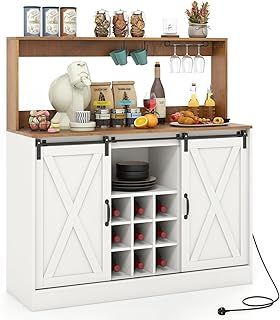 COSTWAY Kitchen Buffet Sideboard, Storage Bar Cabinet with Charging Station, Hutch, Removable Wine Rack, Sliding Barn Doors, Glass Cup Holders & Adjustable Shelves, Freestanding Cupboard Console Table