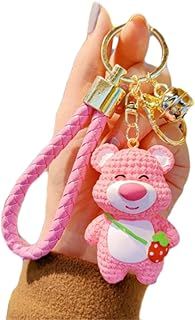 Pink Bear Key Chain Strawberry Keyring Resin materials Cute Key Chain Strap Keychain Key Ring Holder Bell Spring Accessories for Girls Women Gift Bag Pendant Good Luck