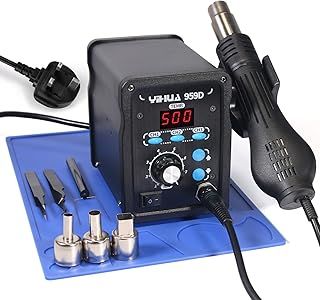 YIHUA 959D Hot Air Rework Station for SMD Soldering 3 Memory Channels with 3 Hot Air Nozzles, Soldering Work Mat, ESD Safe Tweezers(UK Plug)