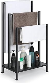 Freestanding Towel Rack, 3 Tier Blanket Rack Stand with Rustic Brown Wooden Shelf, Industrial Towel Stand Rack and Quilt Rack with Non-Slip Feet for Living room, Bathroom Storage, 17.1"L*11"W*32.3"H