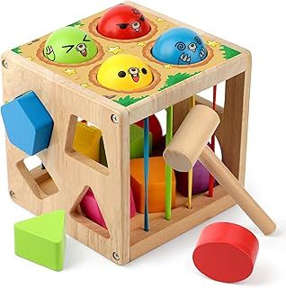 Coogam Wooden MontessoToys for Toddlers, Shape Sorting Cube Whack Mole Fine Motor Skills Game for 1 2 3 Year Old 18 Month Baby Boys Girls Gift