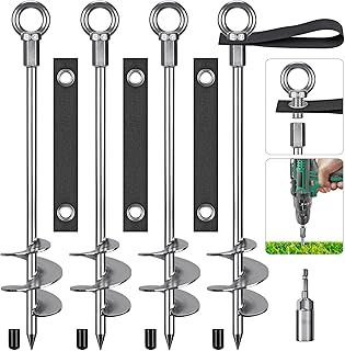 Insaga Tent Peg, 45cm Heavy Duty Ground Anchor Large Metal Earth Stake Spiral Blade Screw in Trampolines Spike for Swing Set/Camping/Shed/Dog/Carport with Fixed Loop Strap, 4 Pack