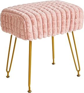IBUYKE Rectangular Footrest Stool Ottoman, Makeup Vanity Stool Side Table, Velvet Dressing Table Seat, Footstool Chair, Golden Steel Legs, for Makeup Room, Bedroom, Square grid pattern, Pink WBD003P