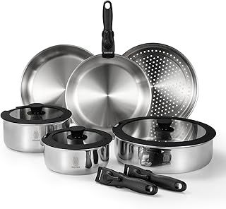 ROYDX Uncoated 18/10 Stainless Steel Cookware Set, Large Frying Pan Set with Steamer and Saute Pan, Stay-Cool Detachable Handles and Glass Lid, LFGB Approved Pots and Pans Set, Serve 4-6 People