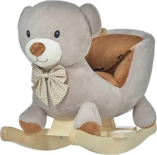 HOMCOM Kids Children Rocking Horse Plush Ride On Bear Seat w/Sound Wood Base Seat Safety Belt Toddler Baby Toy for 18-36 Months Grey