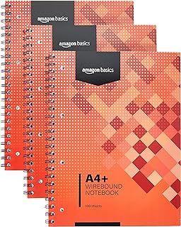 Amazon Basics Wirebound Notebook, 100 Sheets, 200 Pages A4+, 80GSM, red, Pack of 3