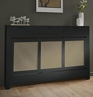 Radiator Cover Black Painted and Rattan MDF Cabinet Horizontal Slat Storage Drawers & Shelf, Radiator Cabinets for Office Hallway Living Room Bedroom, Large (H: 150cm / W: 96cm / D: 19cm)
