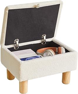 Small Footstool with Storage, Faux Teddy Fur Foot Stool Ottoman with Wooden Legs, Change Shoes Stool for Living Room Bedroom Entryway Office,White YD-JD136W