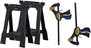 STANLEY Folding Junior Work Bench Saw Horse Twin Pack, with Tray for Tools and Small Parts, STST1-70355 with IRWIN QUICK-GRIP 150mm (6") Mini Clamp - 2 Pack
