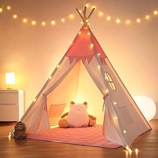 Toddler Tipi Tent，Teepee Tent for Kid，Teepee Kids Tent, Kids Teepee indoor with Padded mat and Lights 100% Cotton Indoor Playhouse for Toddler Girls