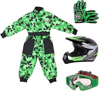 L(9-10 Years) Kids CAMO Suit & Gloves L(7cm) & Goggles & ZOR-X19 Green L (53-54cm) PREDATOR Kids Motocross Helmet ECE 2206, Child Dirt Bike Motorocycle Helmet Clothing Suit Set