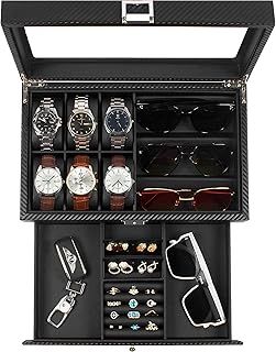 KILHS Watch Box, 6 slots Watch case, 3 Compartment Eyeglass Organizer, Mens Jewellery Box with Clear Glass Lid, Double Layer with Key Lock, Gift, Black