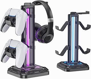 Headset Stand with 9 Light Modes - Gaming Controller Holder for Desk - Rotatable Headphone Stand & Detachable Controller Hook for Gamer Gaming PC Xbox ONE PS5 Earphone Accessories（Black
