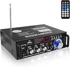 Mini Audio Amplifier, Bluetooth 5.0 Stereo Amplifiers, 300W+300W 2 Channel Power Sound Receiver/USB,SD Card,FM Radio,2 Mic for Home Speakers & Theater System-12V/230V UK Plug
