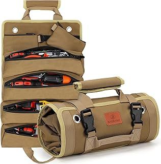 BAQRAXIA Tool Bag, Roll Up Small Tools Box Storage, Heavy Duty Tool Organizer with 2 Detachable Tool Pouch, Tool Gifts for Men Dad Husband Boyfriend Grandpa, Presents for Christmas Birthday (Khaki)